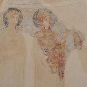 Lügde, Wandmalerei, Gottesmutter und Heiliger Johannes der Evangelist, Ausschnitt. Foto: LWL/Dülberg