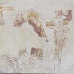 Paderborn-Neuenbeken, kath. Kirche St. Maria, Wandmalerei, Kreuzabnahme, rechter Teil mit Nikodemus, Johannes und dem bösen Schächer. Foto: LWL/Dülberg.  (vergrößerte Bildansicht wird geöffnet)